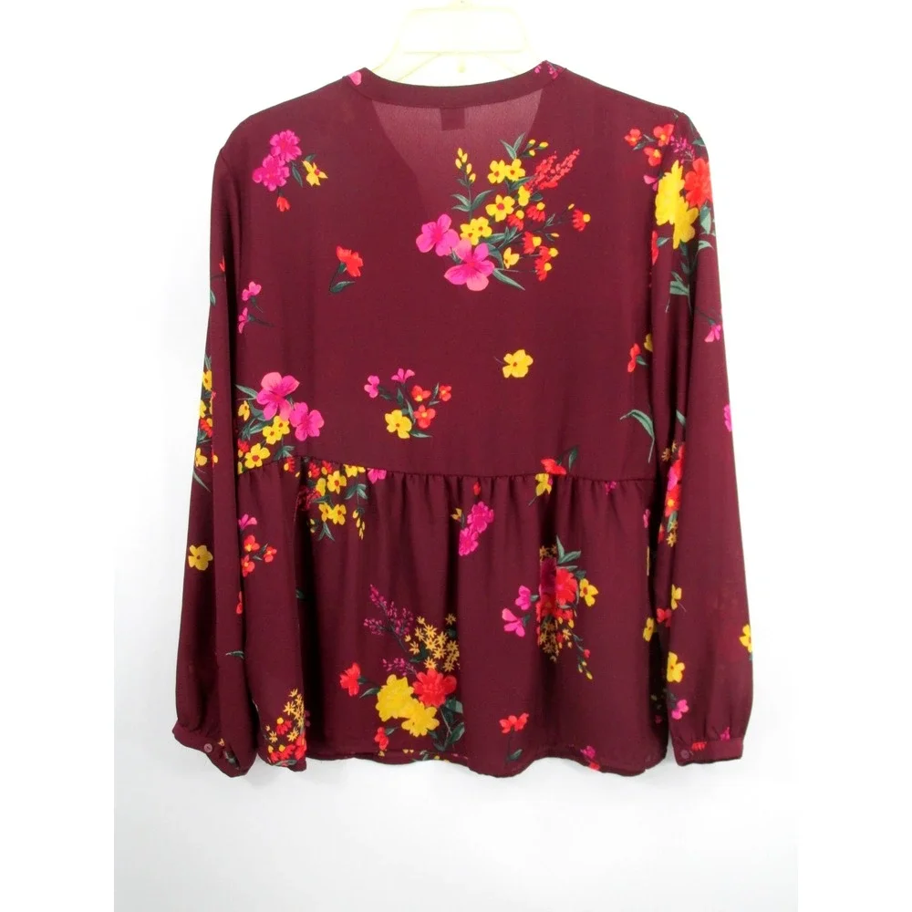 Old Navy Burgundy Floral Tunic Peasant Blouse Womens M V-Neck Boho 339474-02